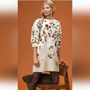Anthropologie Sweater Dress Appliques Embroidered Large